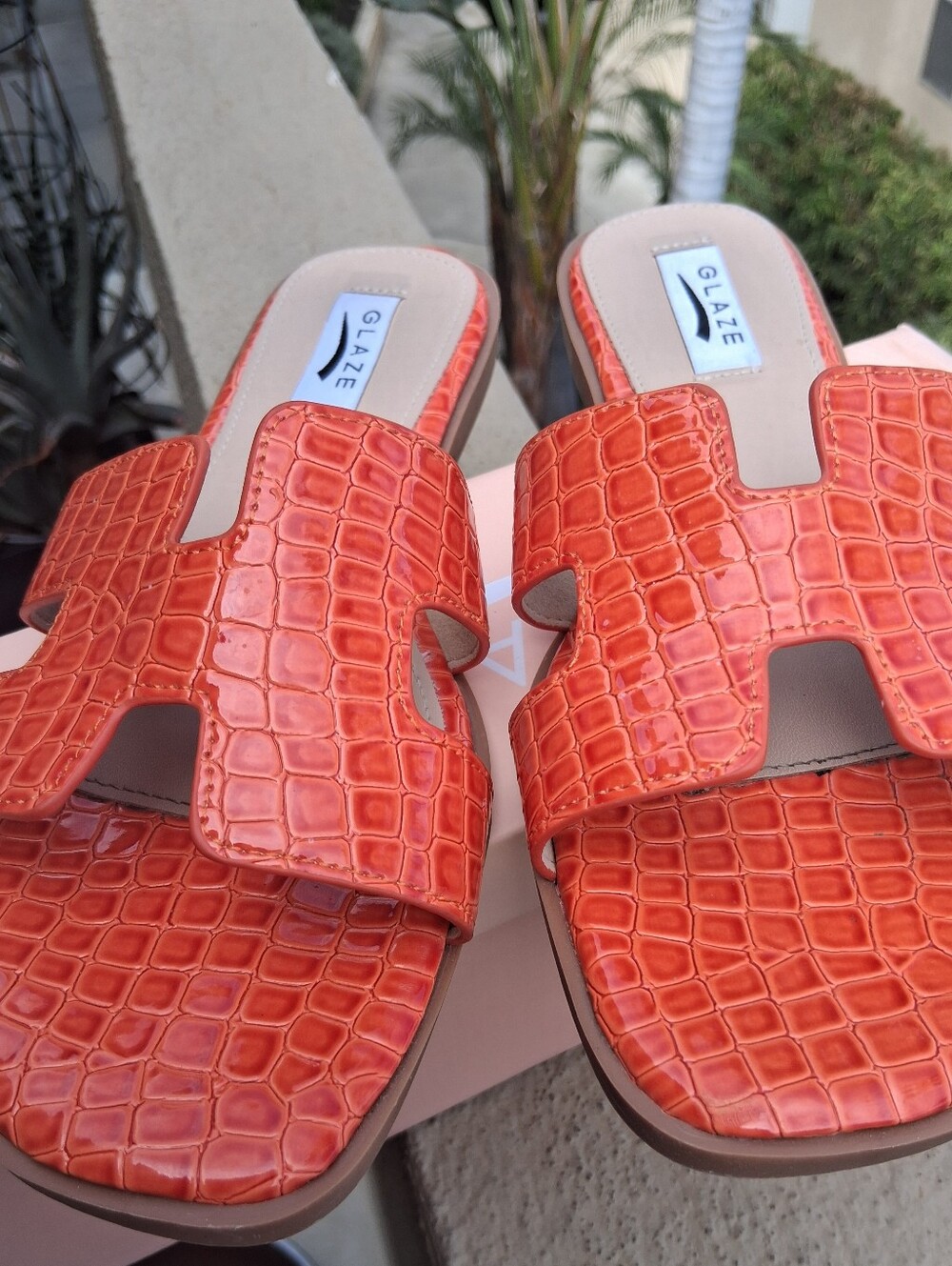 Glaze Women's Orange Croc-Embossed Slide Sandals